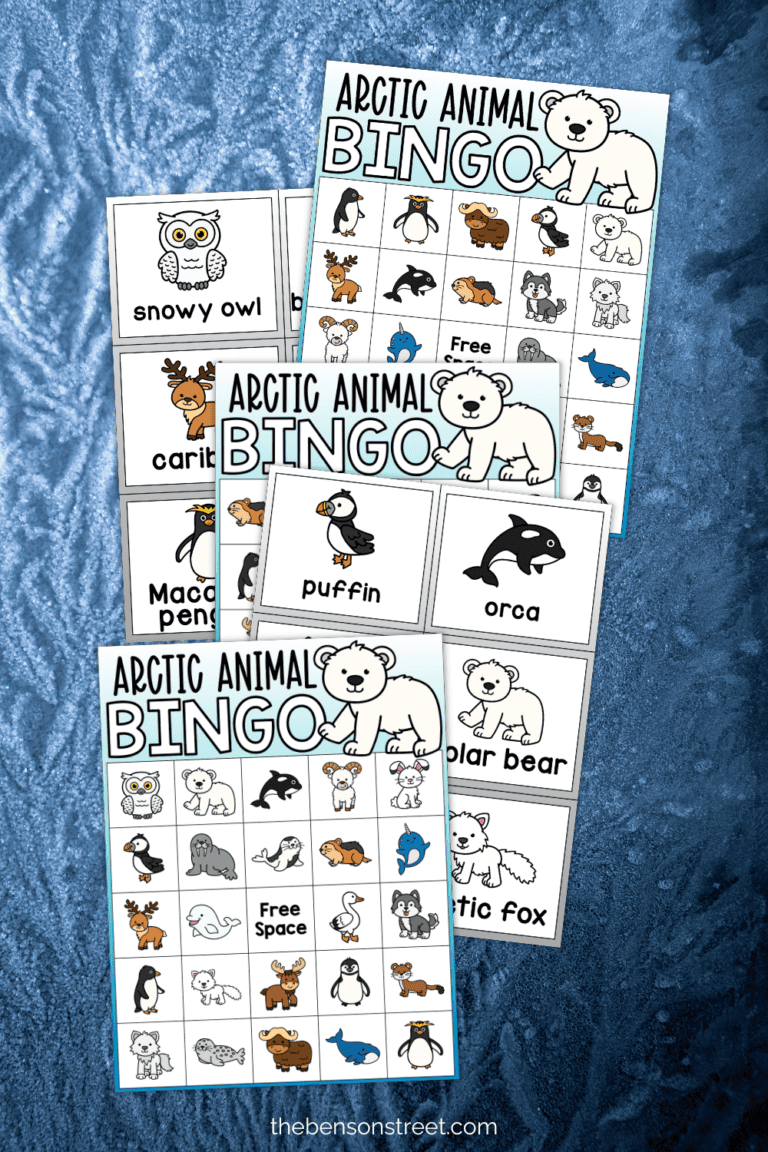 Arctic animal bingo pages on a snowy background