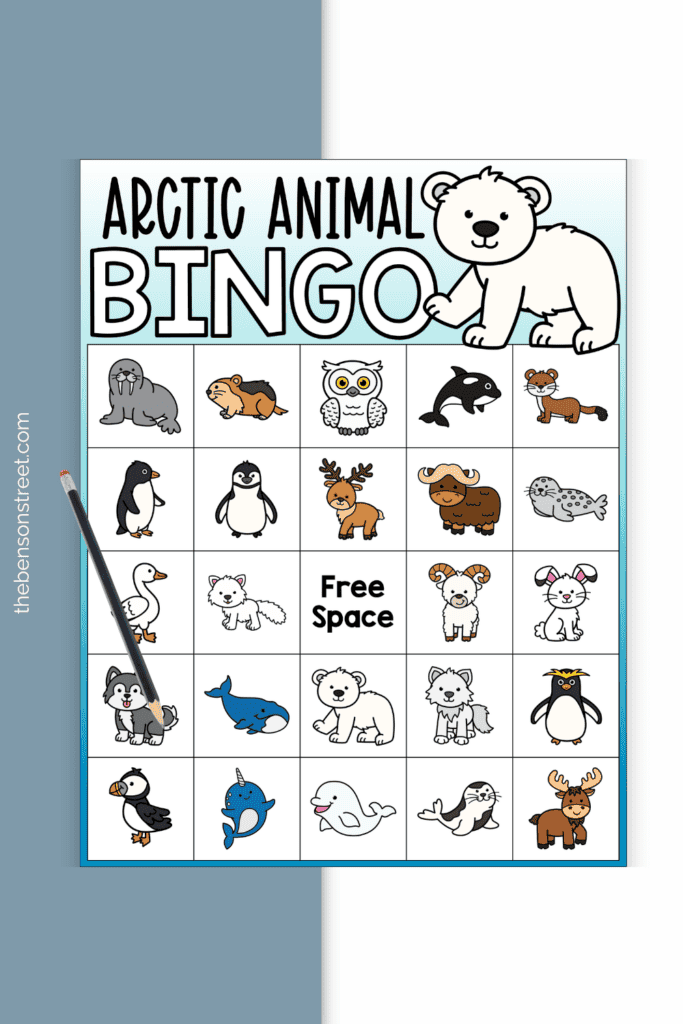Arctic themed animal bingo game board free printable