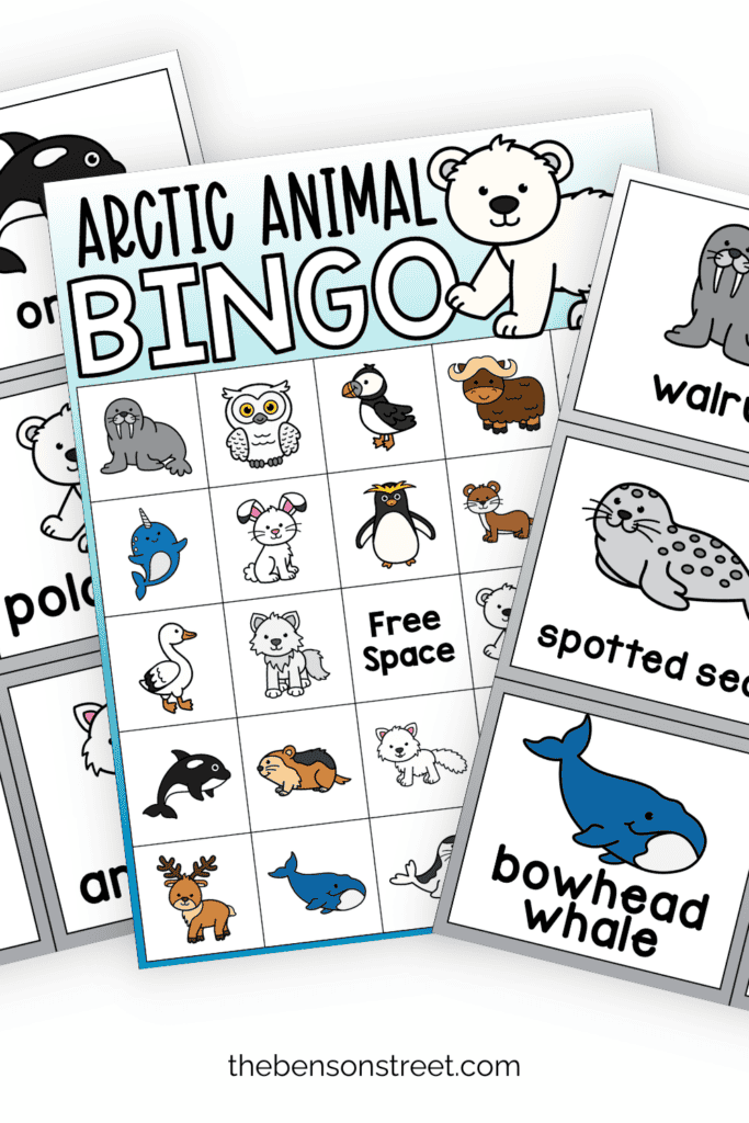 Arctic Animal Bingo Game Printables in a fanned out stack