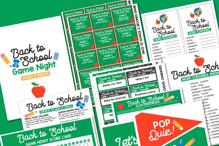 Printed out sheets from a back to school game bundle laid out