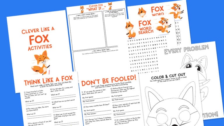 Flat lay of printable fox activity sheets