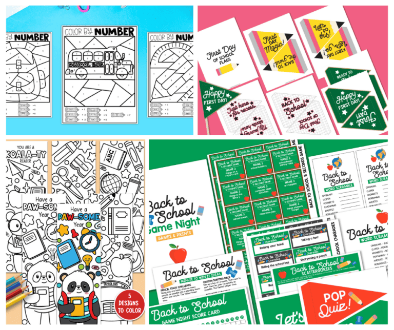 Collage of back to school printables for the fall season