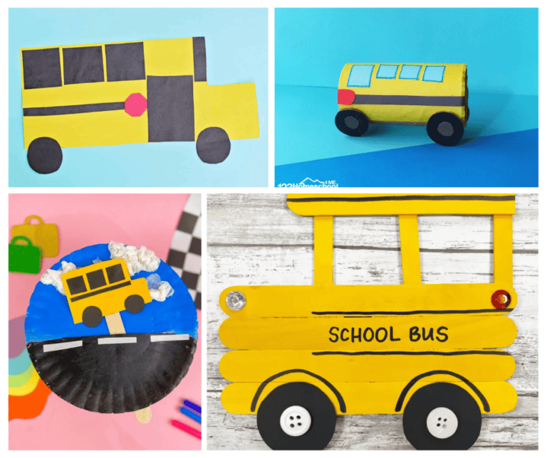 Collage of school bus crafts for kids to make with a bunch of ideas