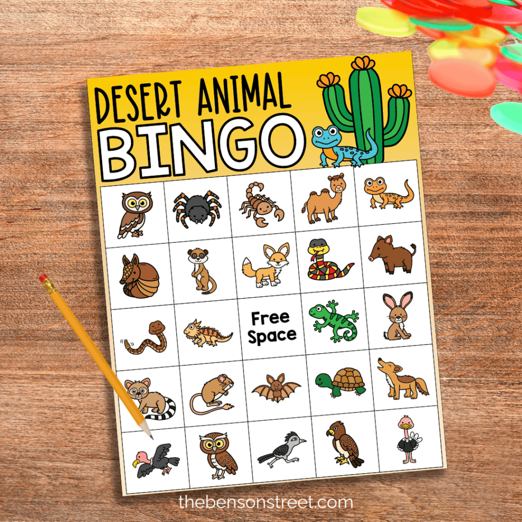 Desert Animal Bingo Game for Kids with a pencil and bingo chips by the board