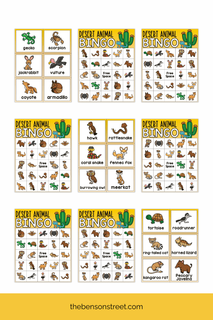 Desert animal bingo boards and calling cards free printable game