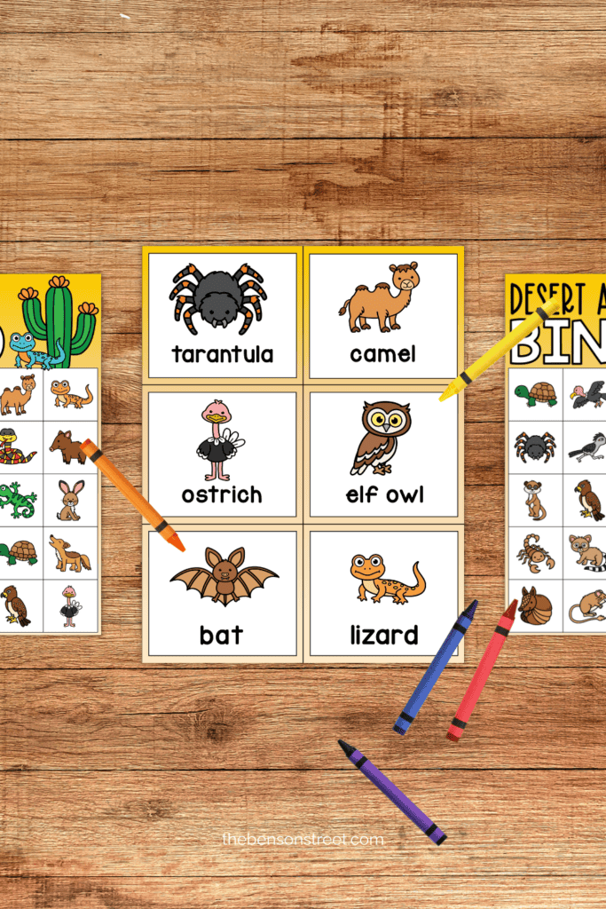 Desert animal calling cards and bingo boards on a table