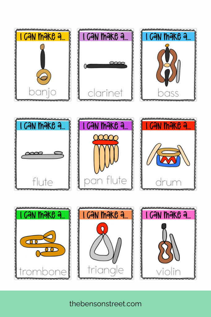 Different sheets of musical instruments themed playdough mats 