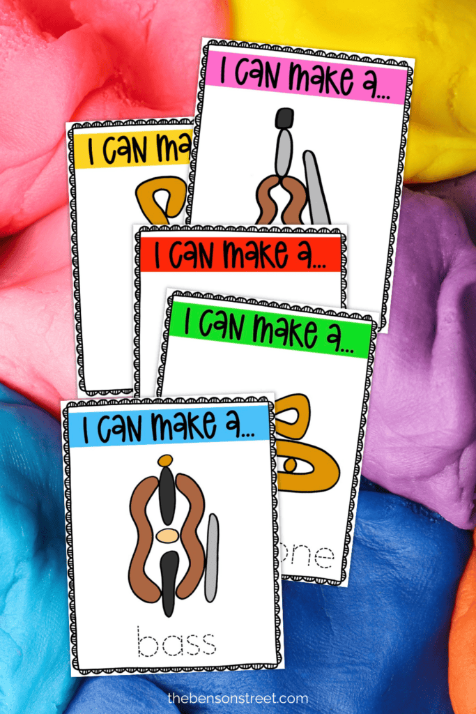 Five different musical instruments mats for playdough 