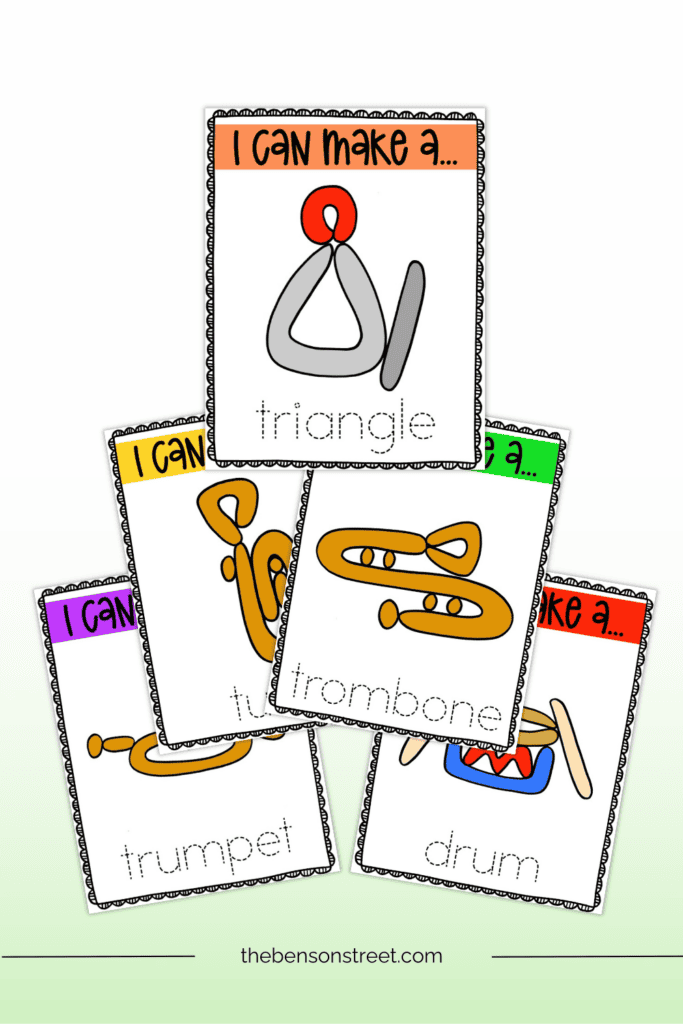 Five sheets of playdough mats with different instruments on them for fine motor skills 