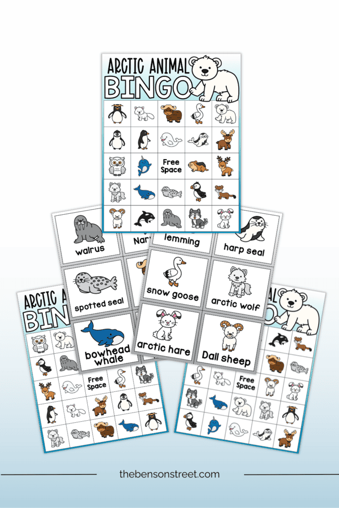 Five different sheets of papers with arctic animals on them for a bingo game