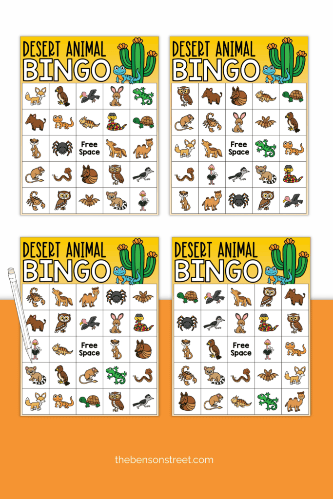 Four Desert animal Bingo Boards with a pencil on top of one