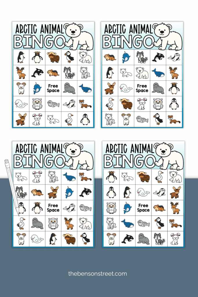 Four Free printable bingo boards with arctic animals on them and a pencil