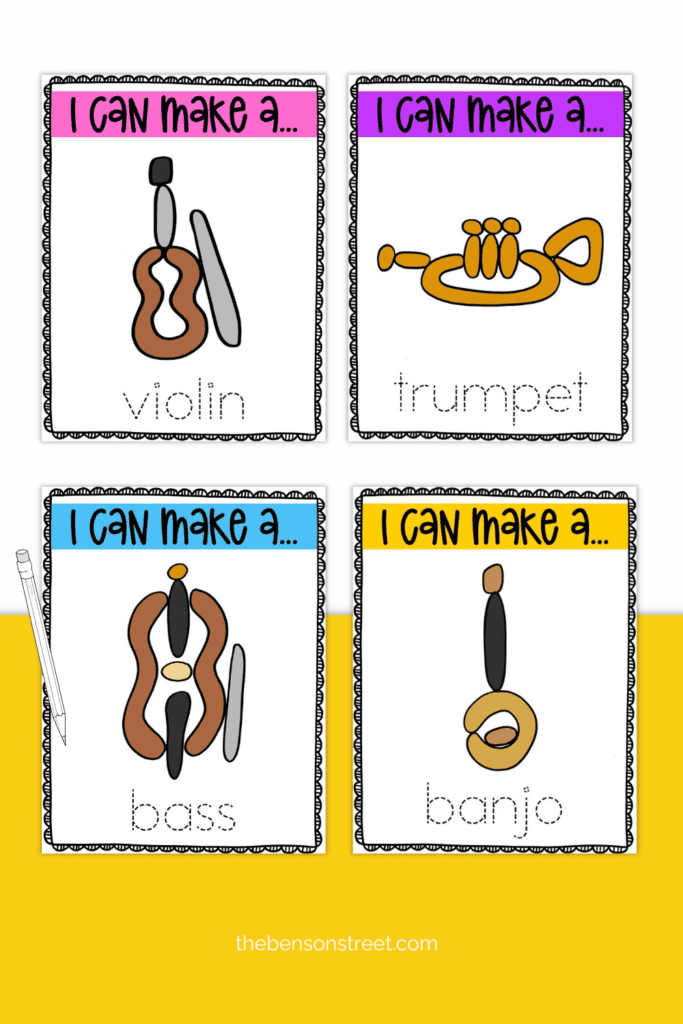 Four pages of printable play-doh mats with instruments on them 