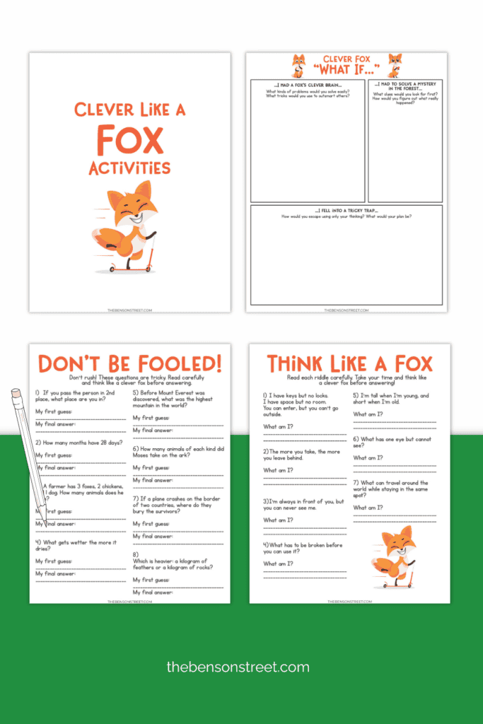 Four sheets in a fox printable activity pack 