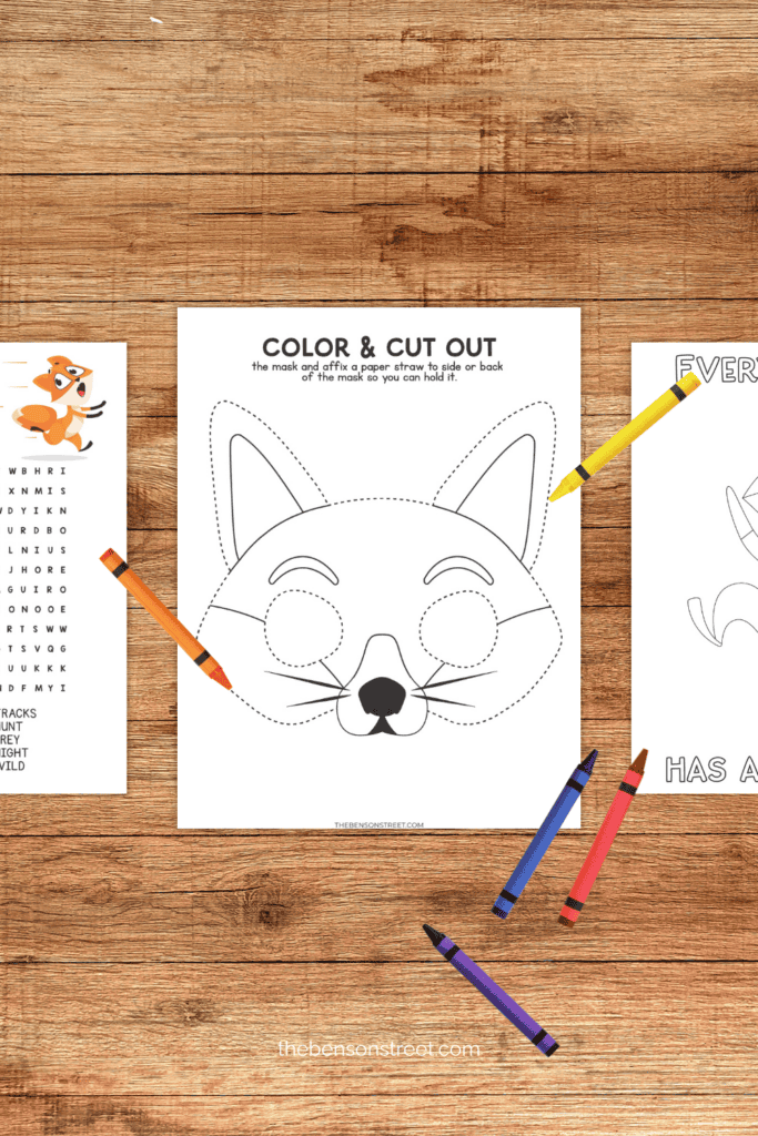 Fox themed activities for kids with a fox mask and coloring page