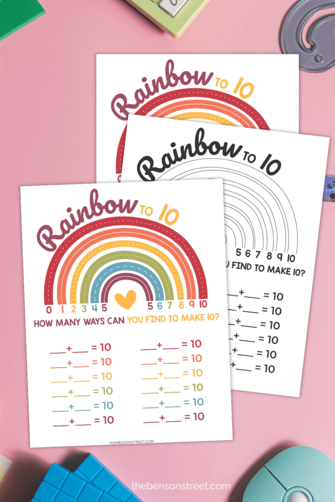 Free printable rainbow addition to 10 worksheets in color and black and white