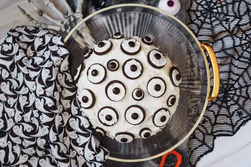 Make a fun eyeball cake using oreos and M&Ms with a box cake mix