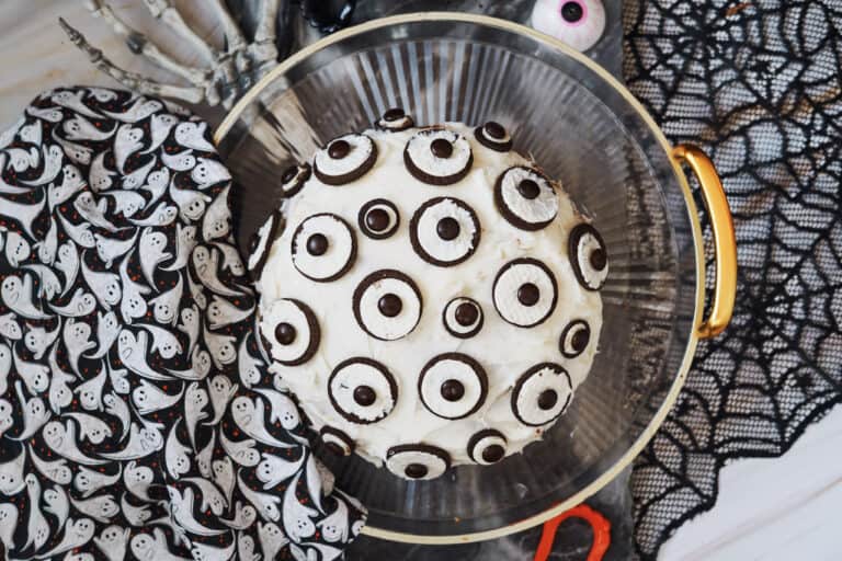 Make a fun eyeball cake using oreos and M&Ms with a box cake mix