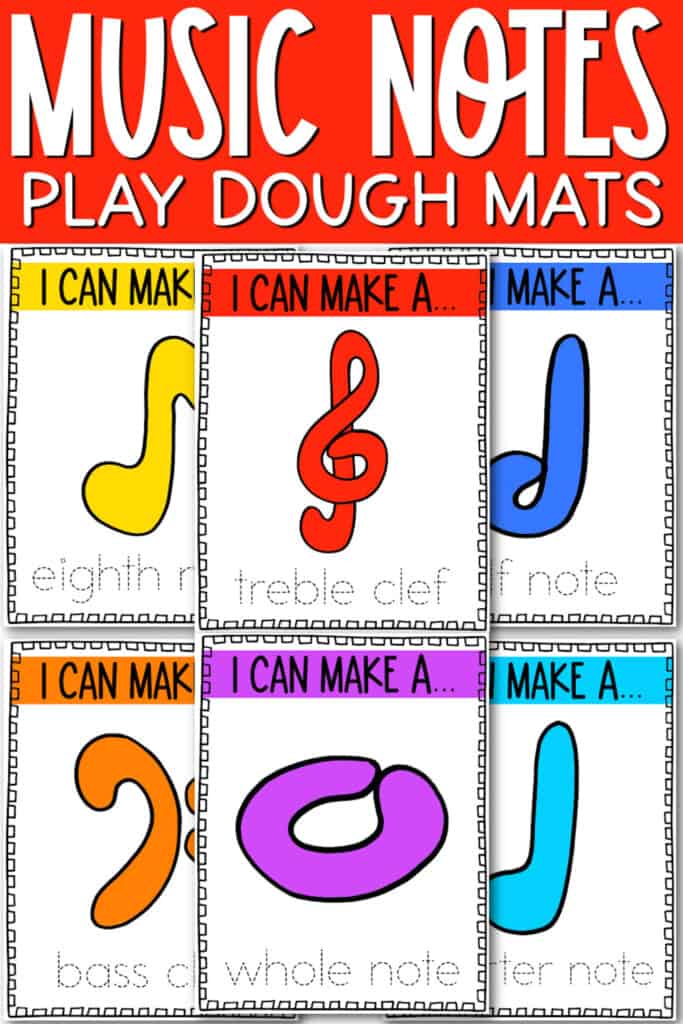 Flat Lay of 6 music notes themed playdough mats