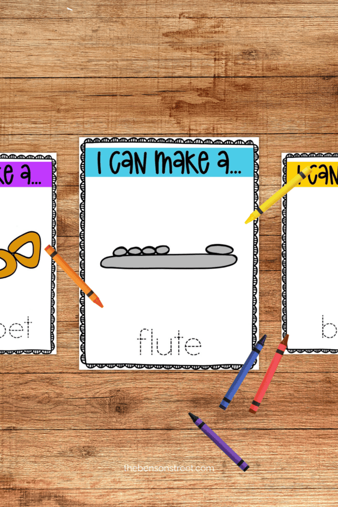 Pages of printable play-doh mats featuring musical instruments