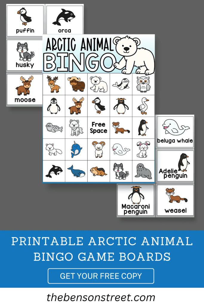 Grab this Free Printable Arctic Animal Bingo game today! Includes unique boards & calling cards for easy, no-prep winter fun with your kids. Download & play.