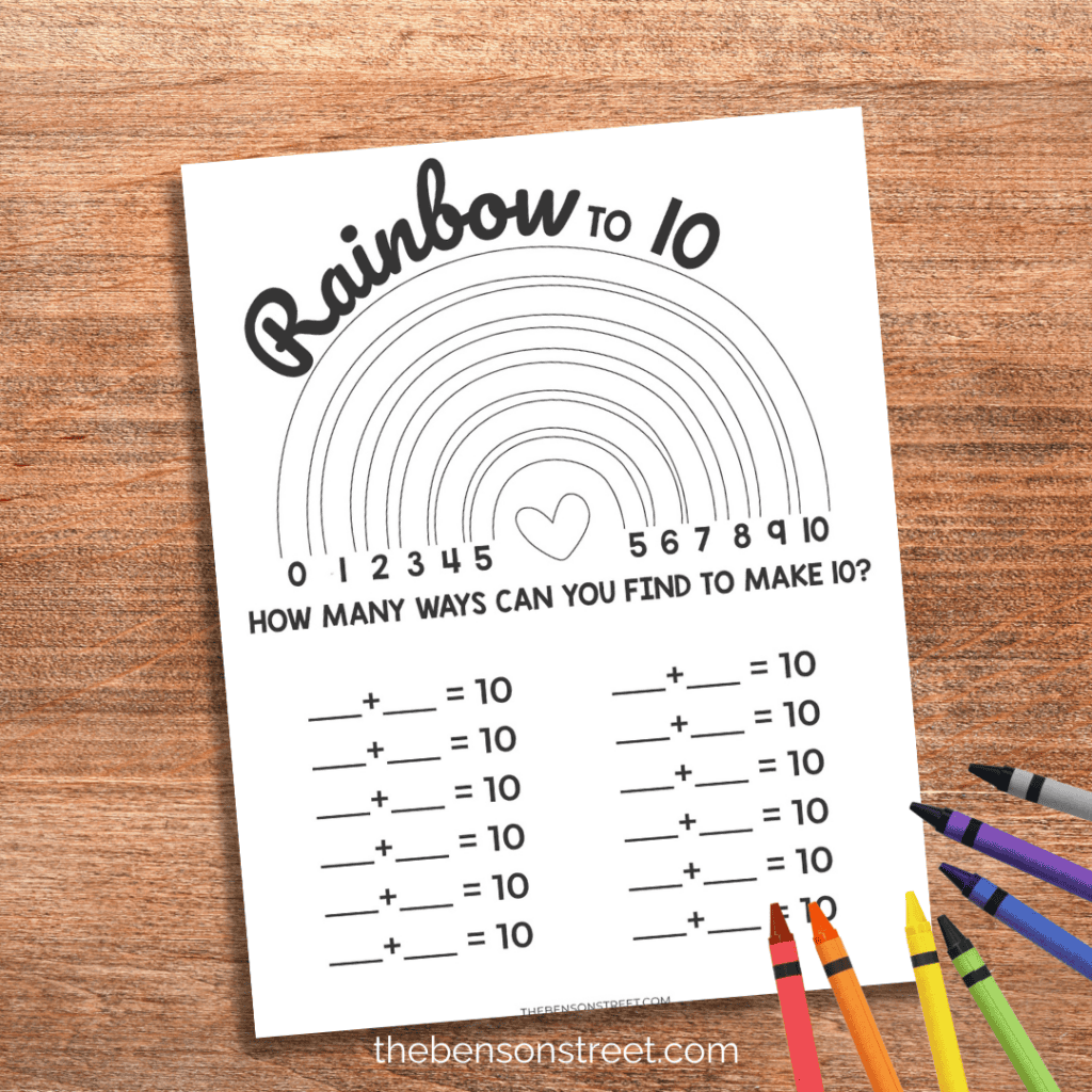 Rainbow to 10 addition worksheet to color in with crayons on top
