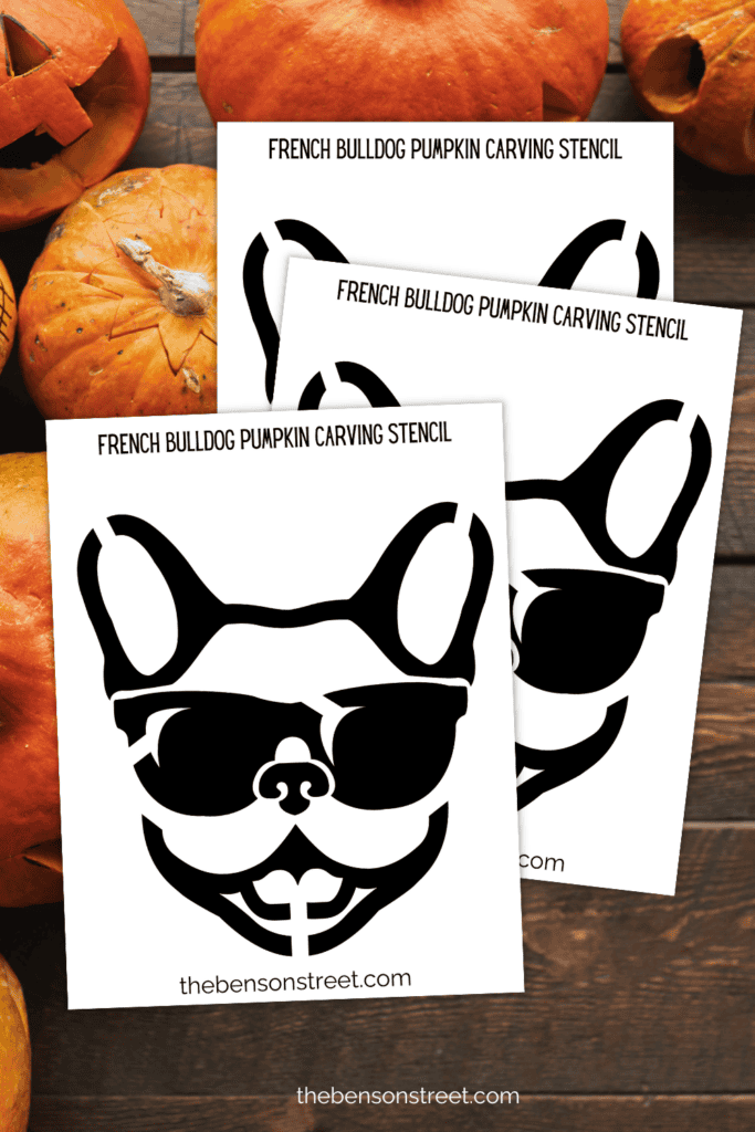 Three black and white stencils for halloween pumpkin carving with a french bulldog face on it