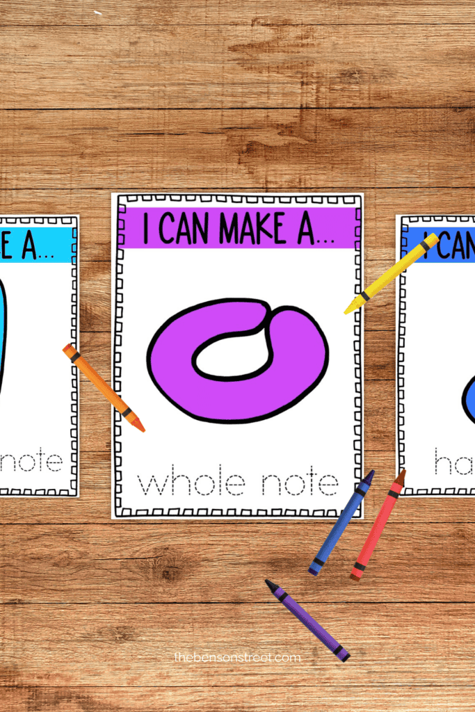 Three different musical note playdough mats with crayons on top