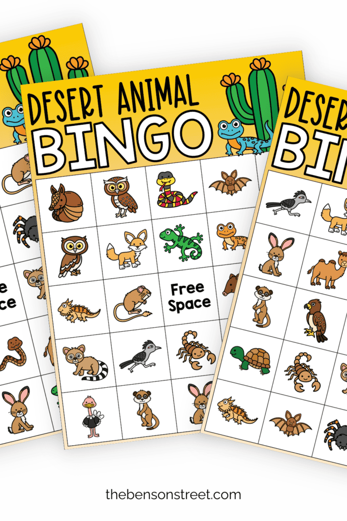 Three fanned out sheets of desert animal bingo game boards