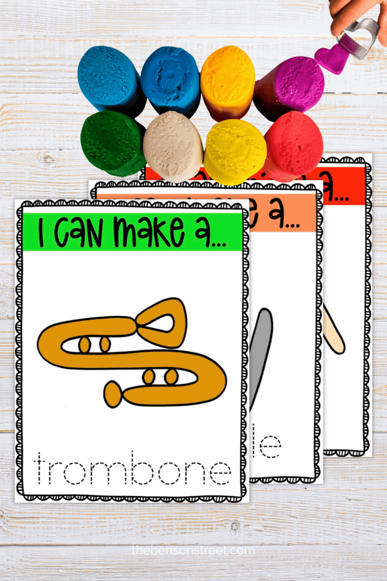 Three pages of free printable playdough mats with instruments to make on them on a table with playdough