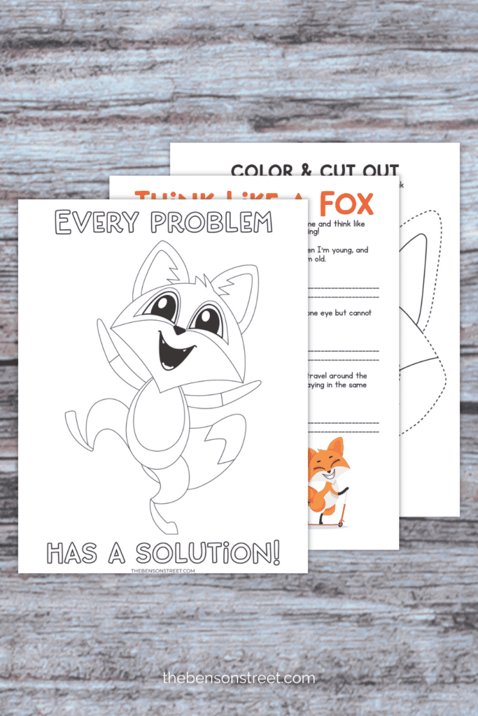 Three sheets of printable activities with a fox theme 