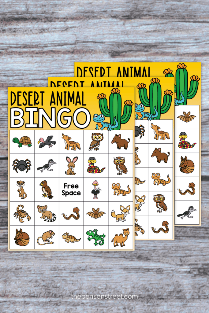 Three unique bingo boards with a desert animal bingo game