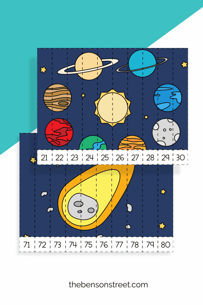 Two number puzzles with planets and a comet on them for learning to count