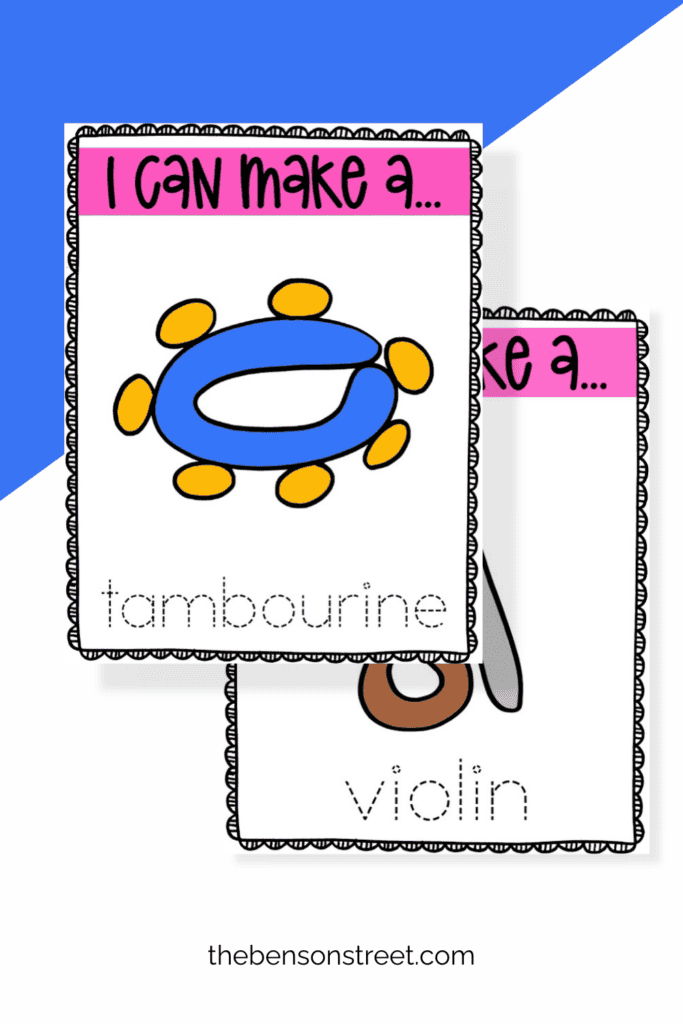 Two playdough mats with a tambourine and violin on them