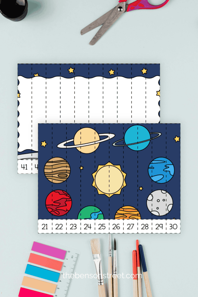 Two sheets of counting puzzles with a space theme