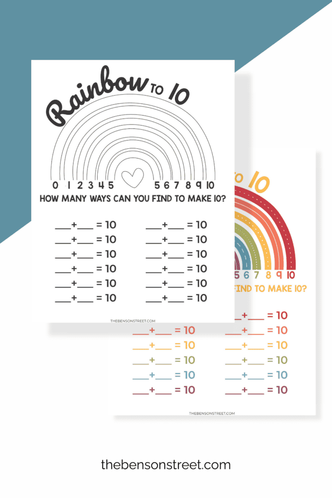 Two versions of a free printable rainbow to ten addition worksheet printable