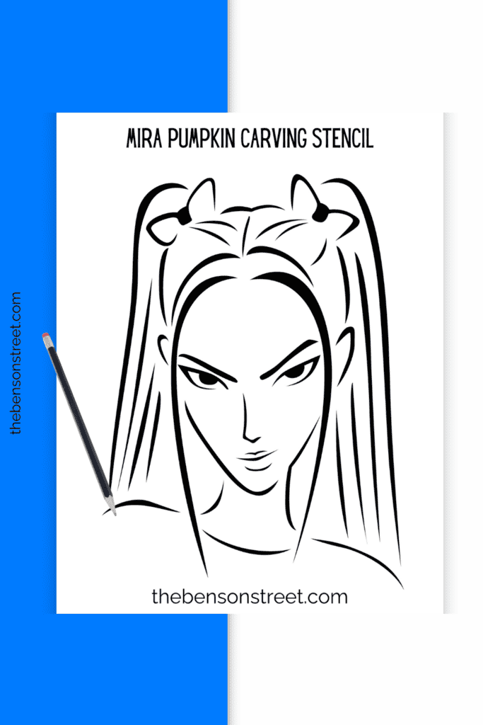 A Printable Mira Pumpkin Carving Stencil sheet with a pencil on top