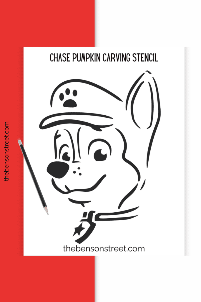 A pumpkin carving stencil page to carve Chase from Paw Patrol with a pencil on top