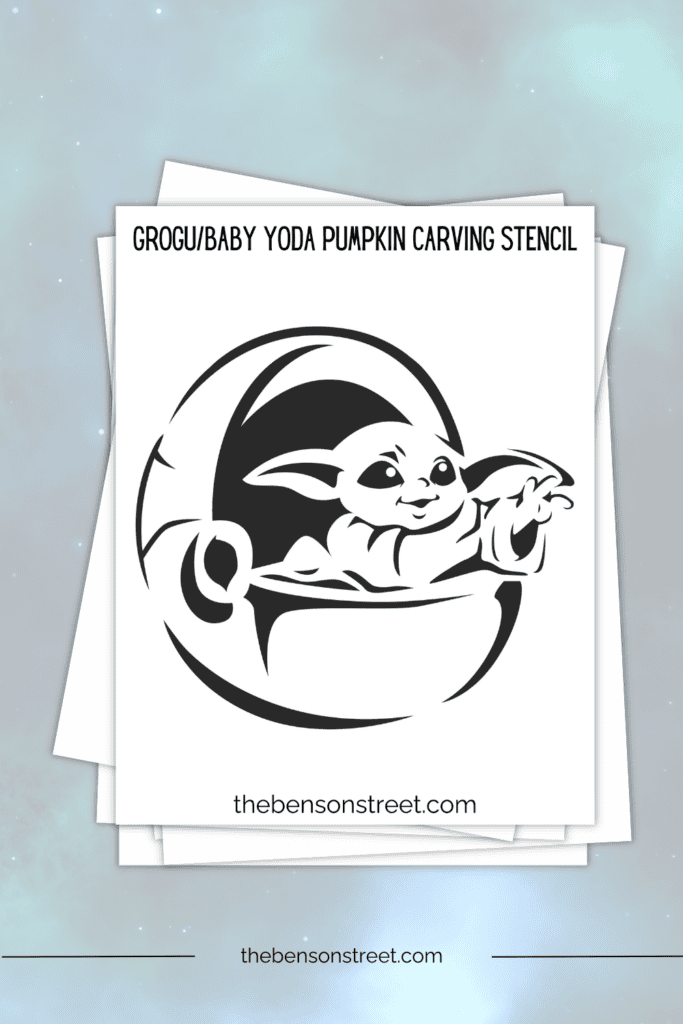 A stack of papers with a Baby Yoda Floating in a pod stencil for pumpkin carving
