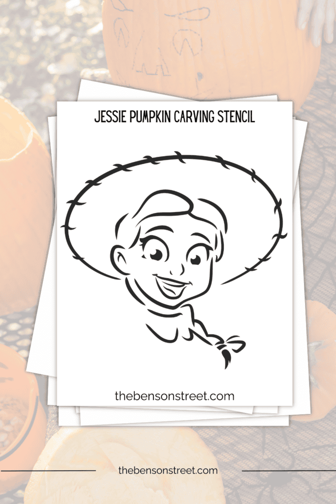 A stack of papers with a printable Jessie cowgirl black and white stencil on top