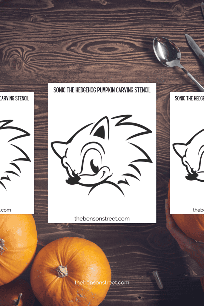 A table with pumpkin carving essentials with sonic the hedgehog themed stencils