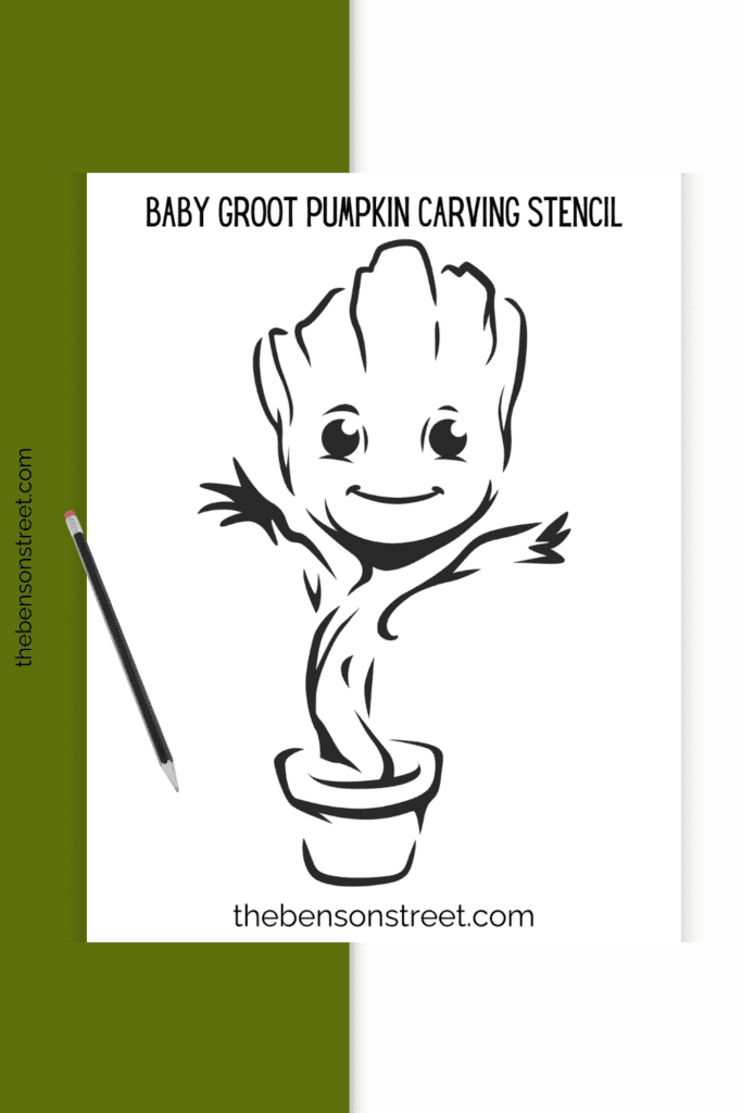 Baby Groot Pumpkin Template for carving with a pencil on top