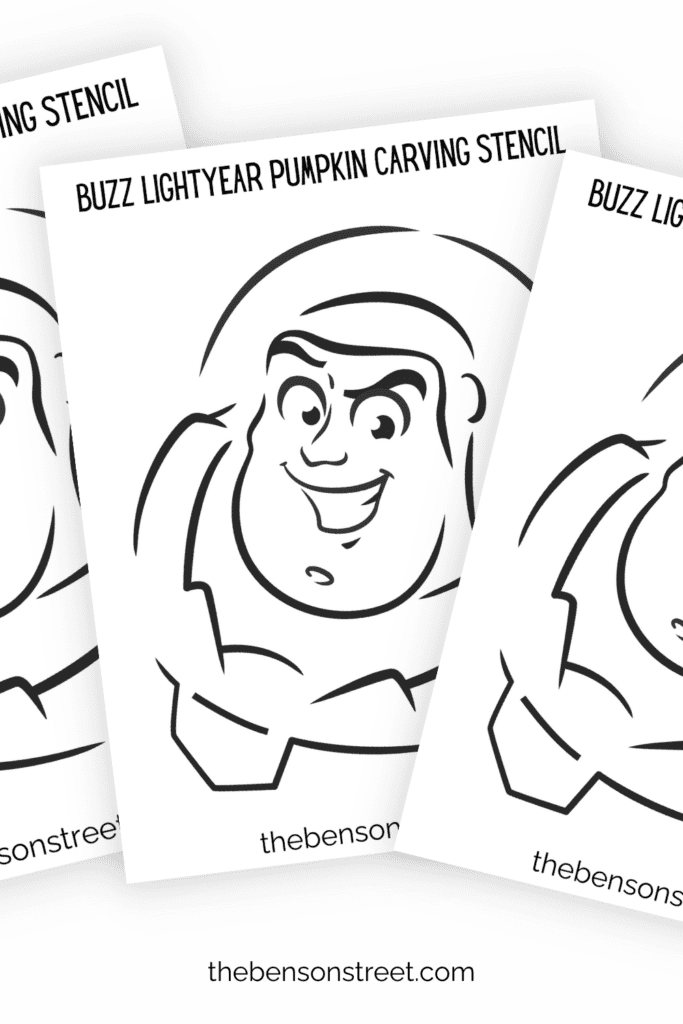 Buzz Lightyear face pumpkin carving stencil sheets in a fanned out stack
