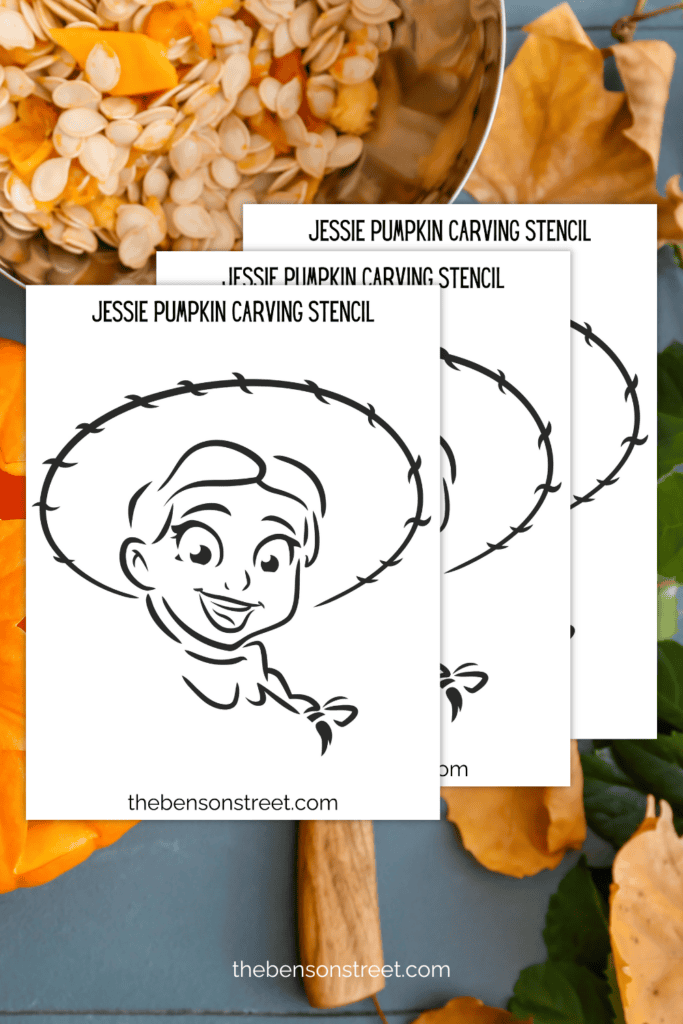 Jessie the yodeling cowgirl pumpkin carving stencil template sheets on a carving background