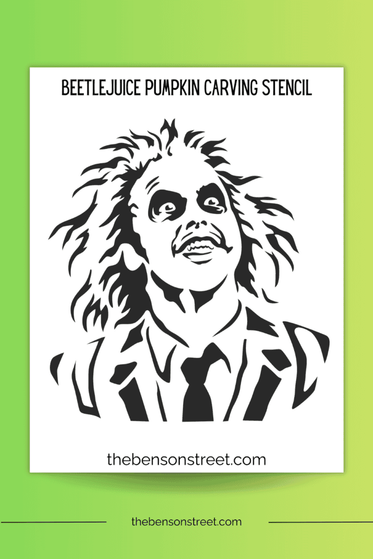 Outline for Beetlejuice's face to carve on a pumpkin on a printed out page
