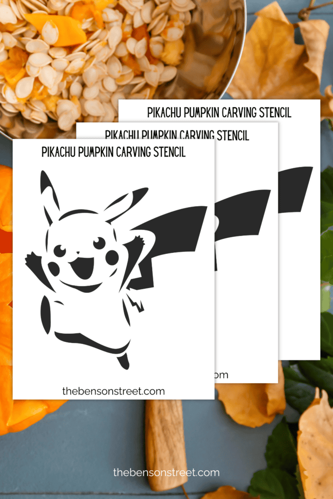 Pikachu themed pumpkin carving stencils on top of a pumpkin carving themed background