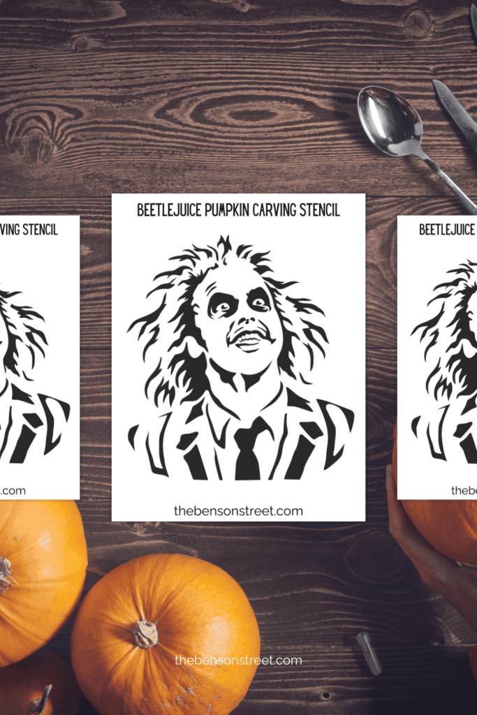 Pumpkin carving setup with beetlejuice pumpkin stencils 