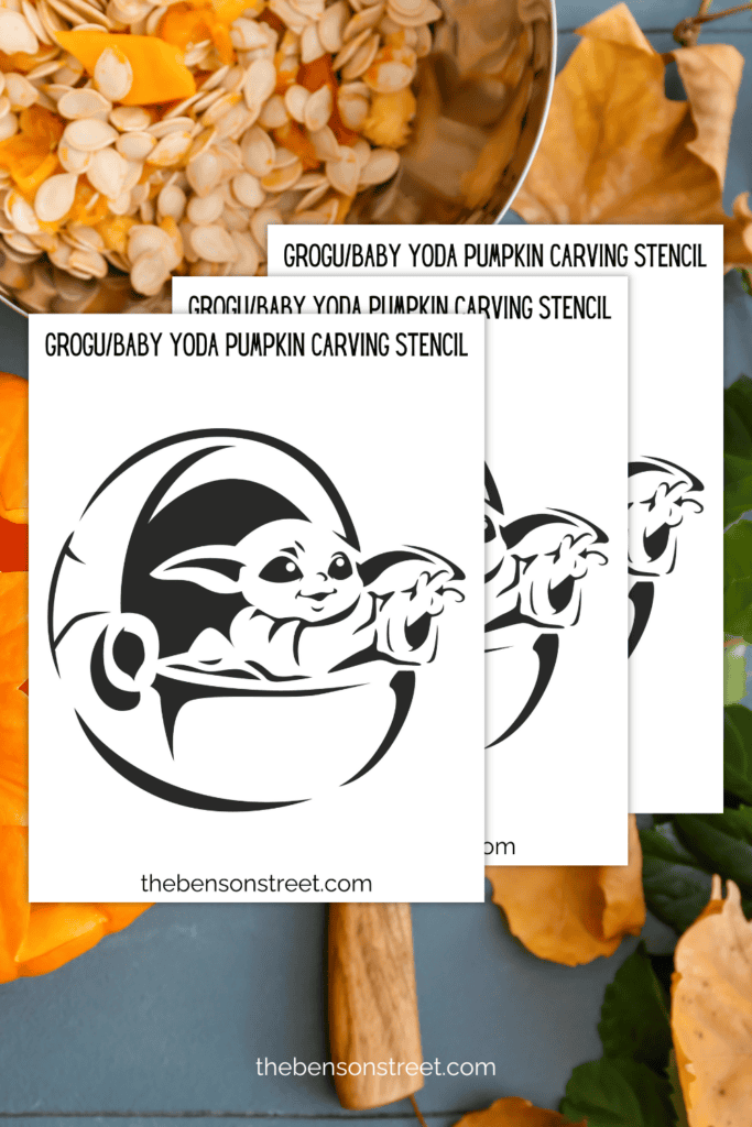 Pumpkin carving supplies with star wars baby yoda stencils on top