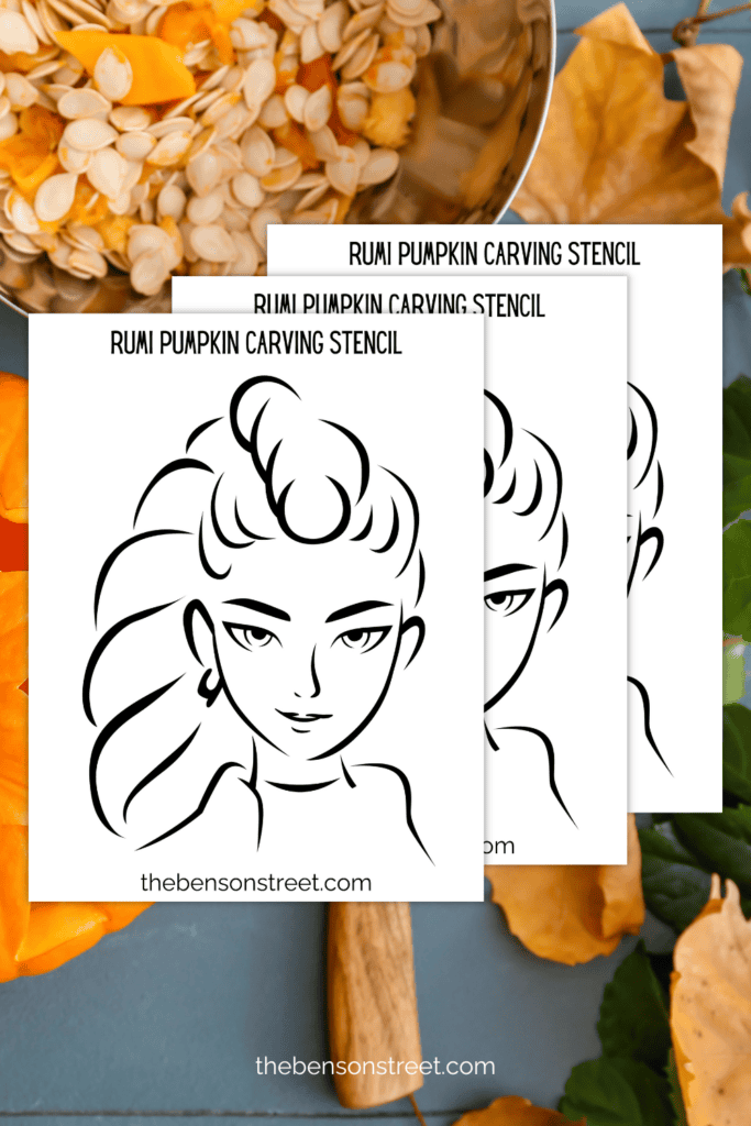 Rumi pumpkin carving stencils on a background featuring a pumpkin carving background