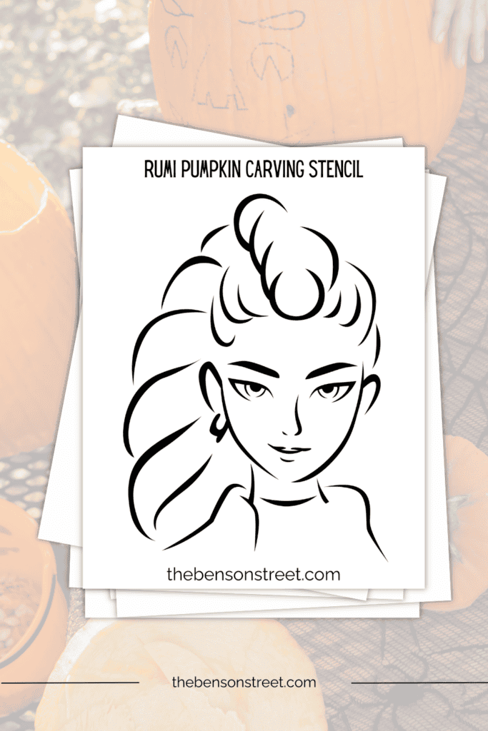 Rumi themed pumpkin stencil free printable on a stack of papers